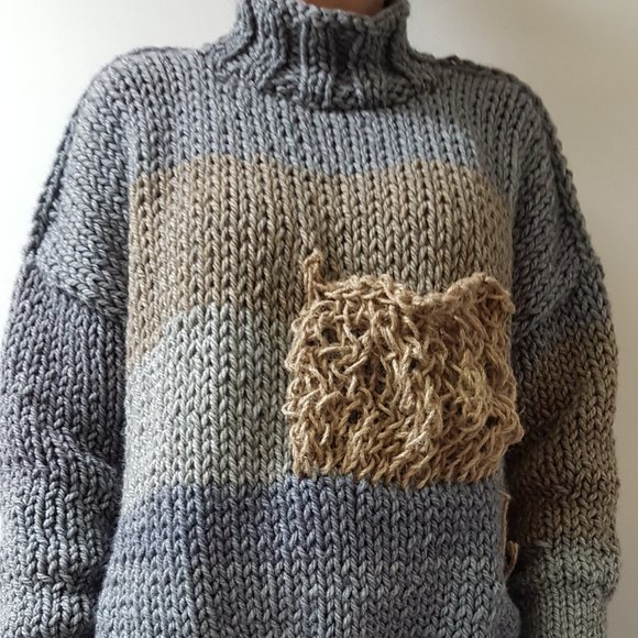 Wool winter set, hand knitted, gray/brown shades, sweater and matching hat - Picture 5 of 15